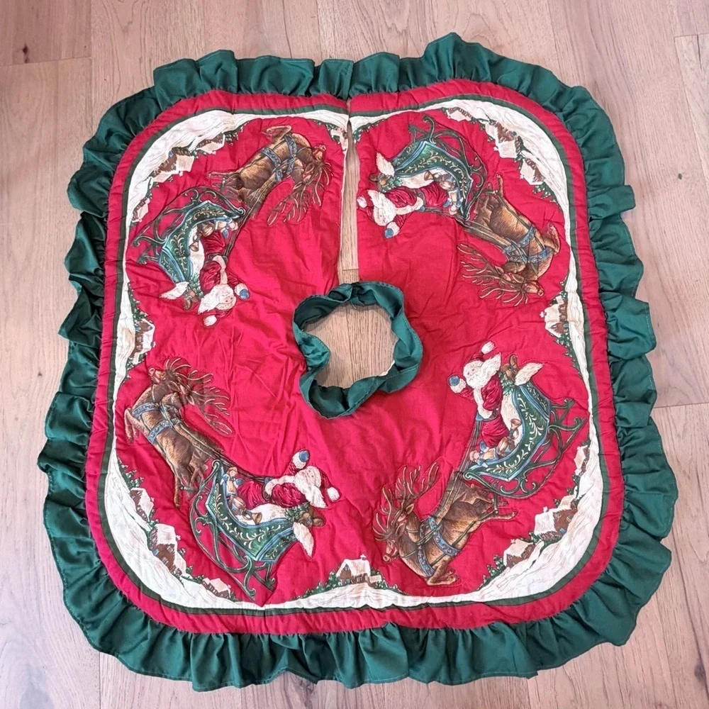 Vintage Christmas Tree Skirt Square 36x34 Santa & Reindeer Ruffles Red Green